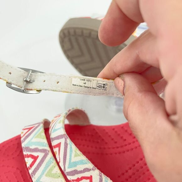 Crocs Women's Leigh Sandal Size 8 Ankle Strap Wedge Graphic Stripe Pink Yellow - Picture 14 of 16